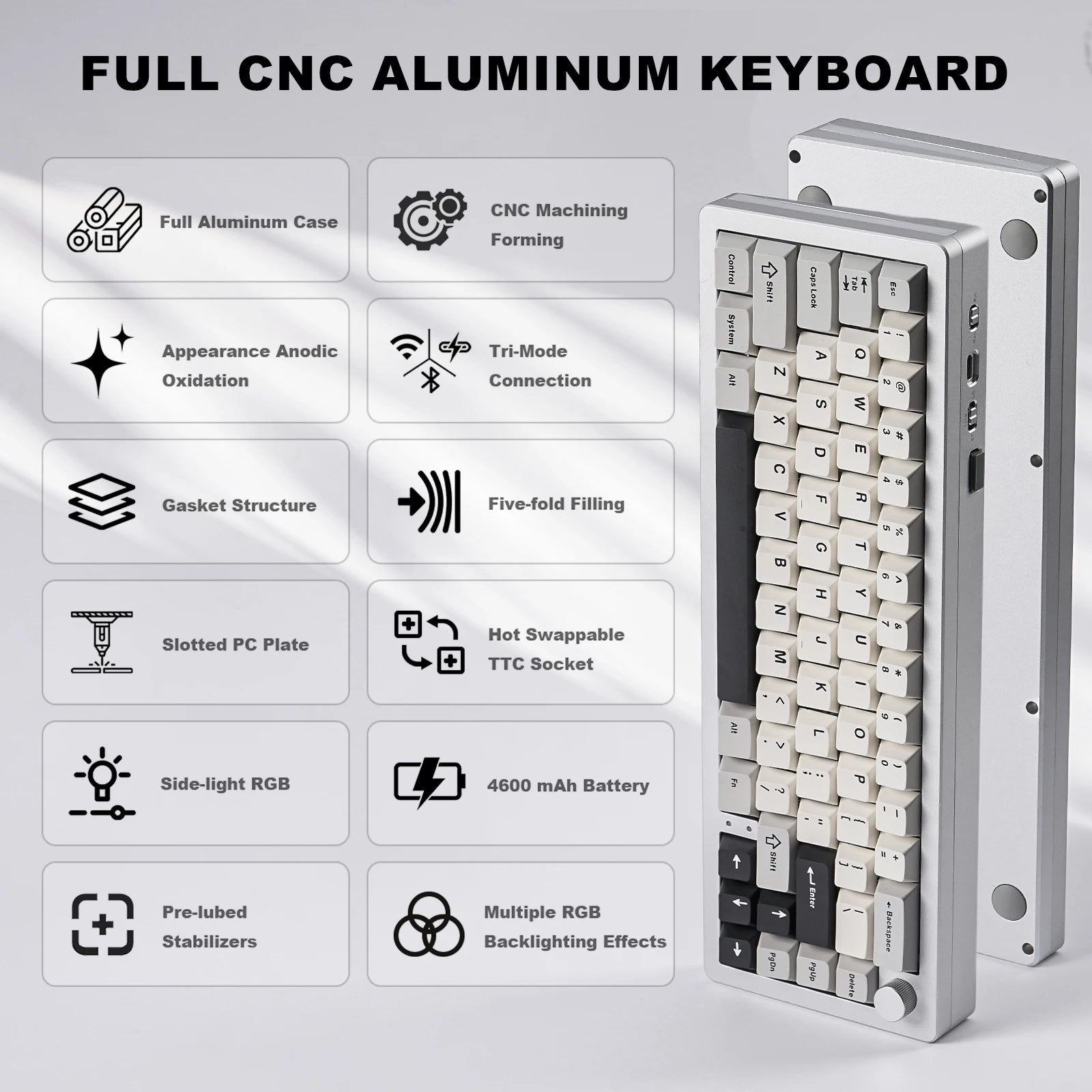Aluminum Knob Wireless Bluetooth Wired Hot Swap Gasket Mounted RGB Keyboard