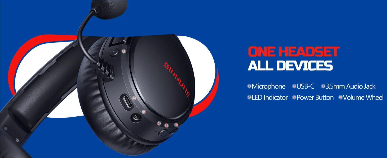 BINNUNE Wireless Gaming Headset with Mic Lightweight Over-Ear Gaming