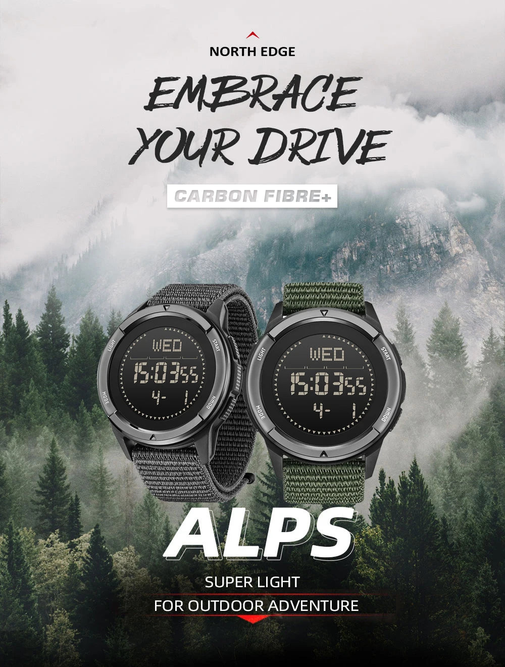 NORTH EDGE ALPS Men's Carbon fiber Digital Watch Shock Militray Sports Super Light Outdoor Compass Waterproof 50M Wristwatches