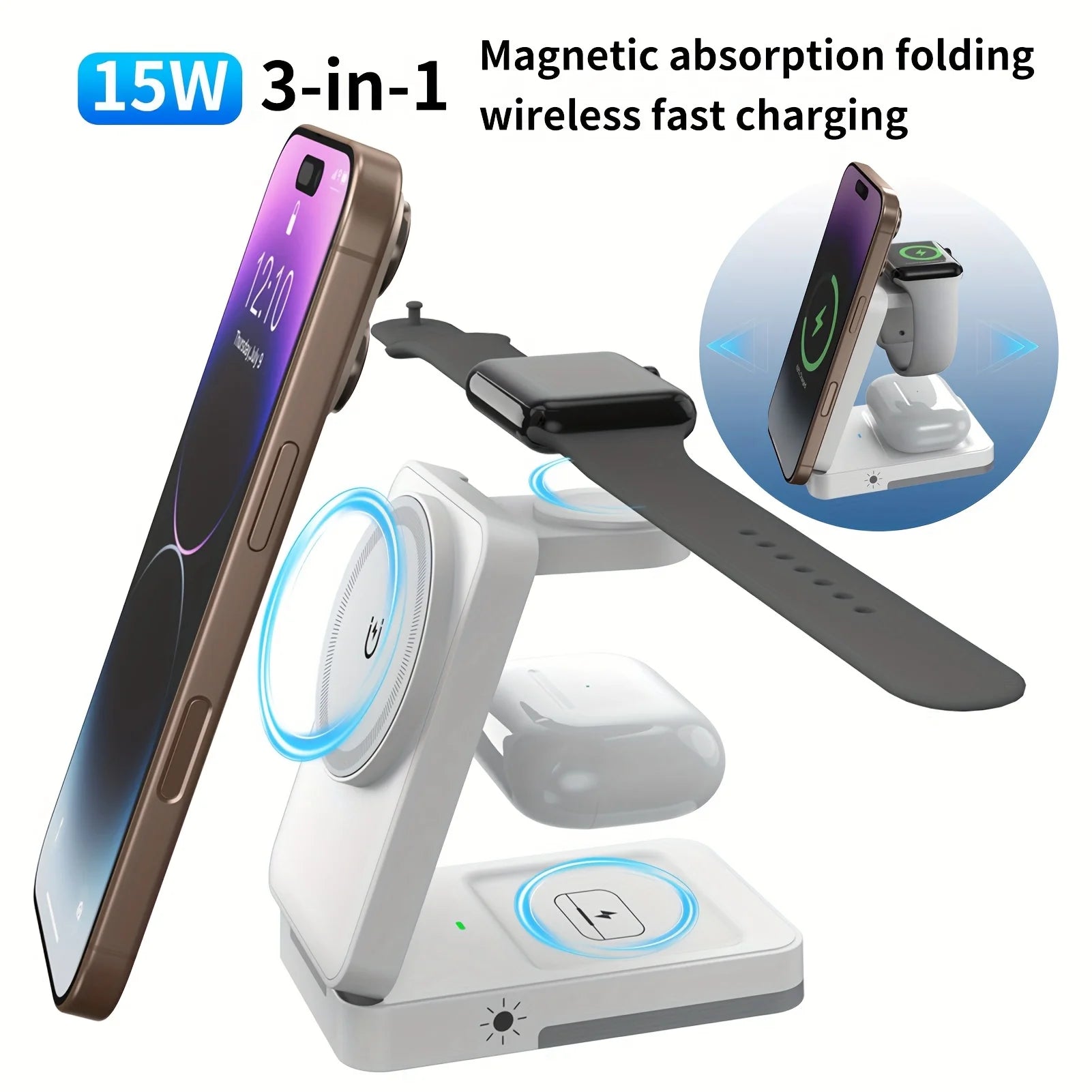 LED Light Wireless Charger Stand 3 in 1 Foldable For iPhone Watch Charging Station