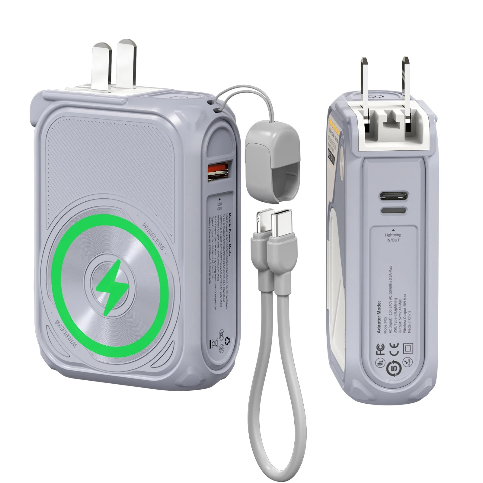 Magnetic Wireless Power Bank USB Type-C Detachable Data Cable Phone Holder