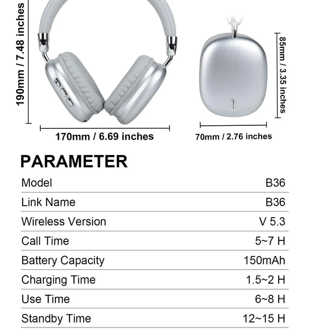 B36 Wireless Bluetooth 5.3 Over-Ear Headphones with ANC Noise Cancelling 8H Playtime Ergonomic Design HD Microphone Foldable
