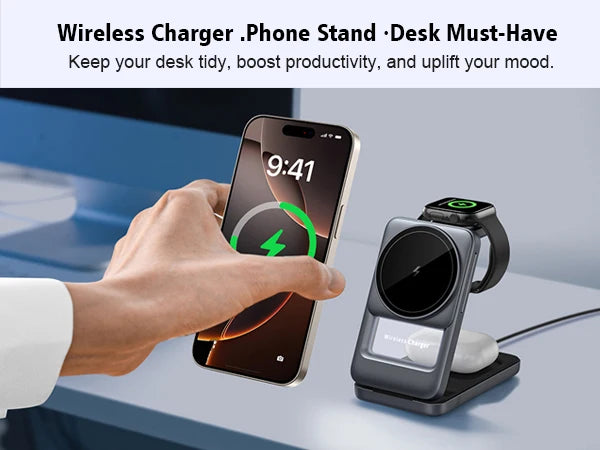 3 in 1 Wireless Charger Stand for iPhone 17 16 15 14 13, Apple Watch & AirPods Pro Foldable Travel Design & Night Light