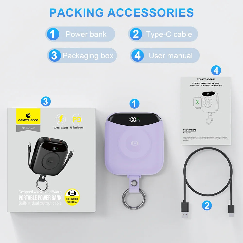 Power Bank for Apple Watch Wireless Charger Built-in Lightning Type-C Cables