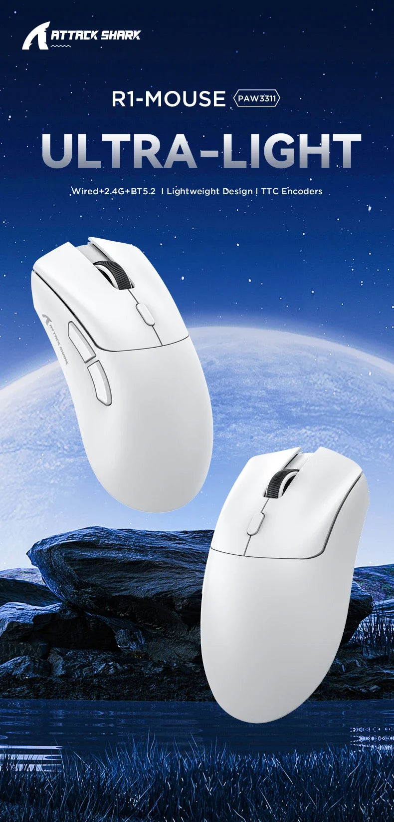 Attack Shark R1 Wireless Mouse,Tri-Mode,Lightweight Ergonomic Design,PAW3311 Sensor for Gaming&Office PC Laptop Windows