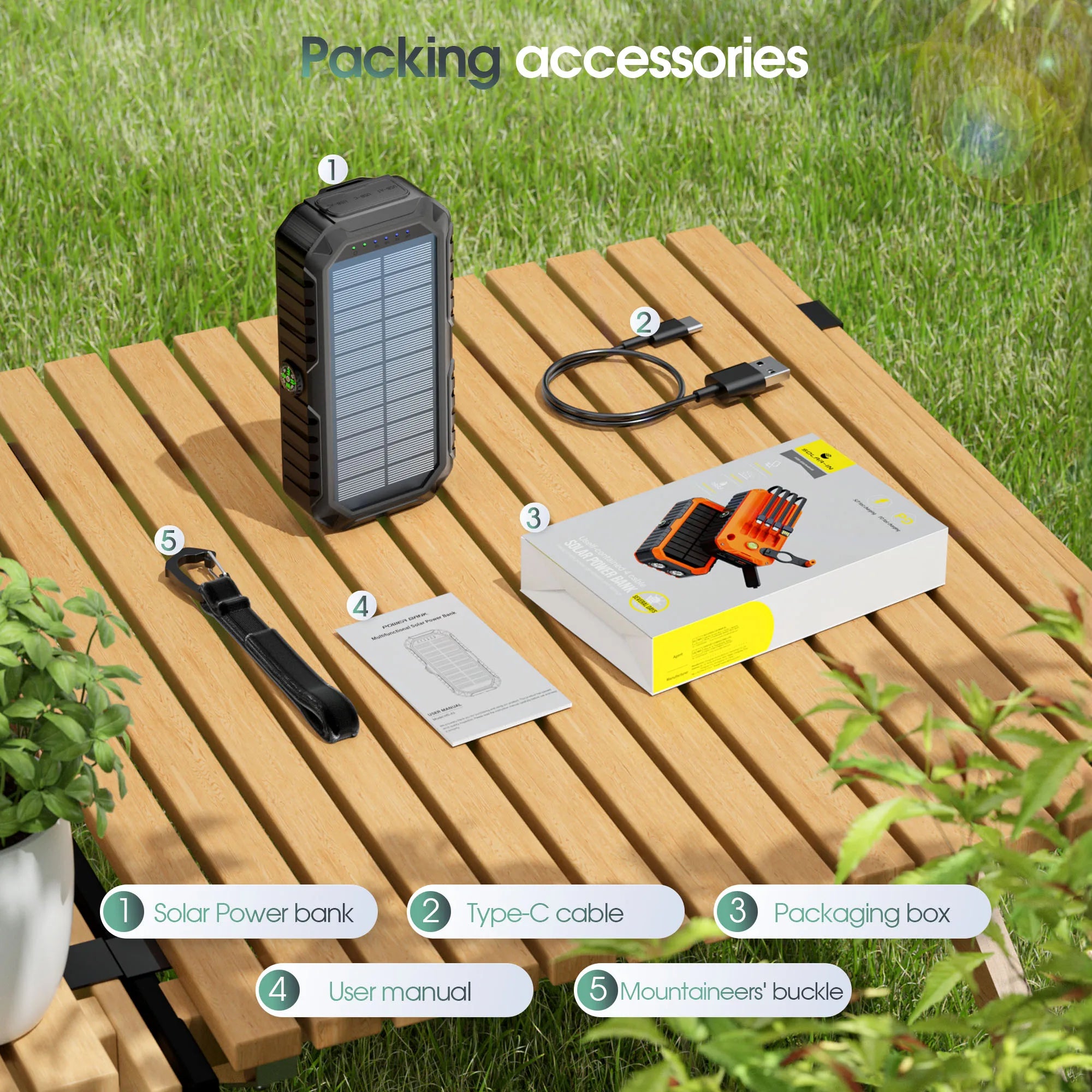 Solar Power Bank with Hand Crank Type-C Fast Charging, Bright LED Light
