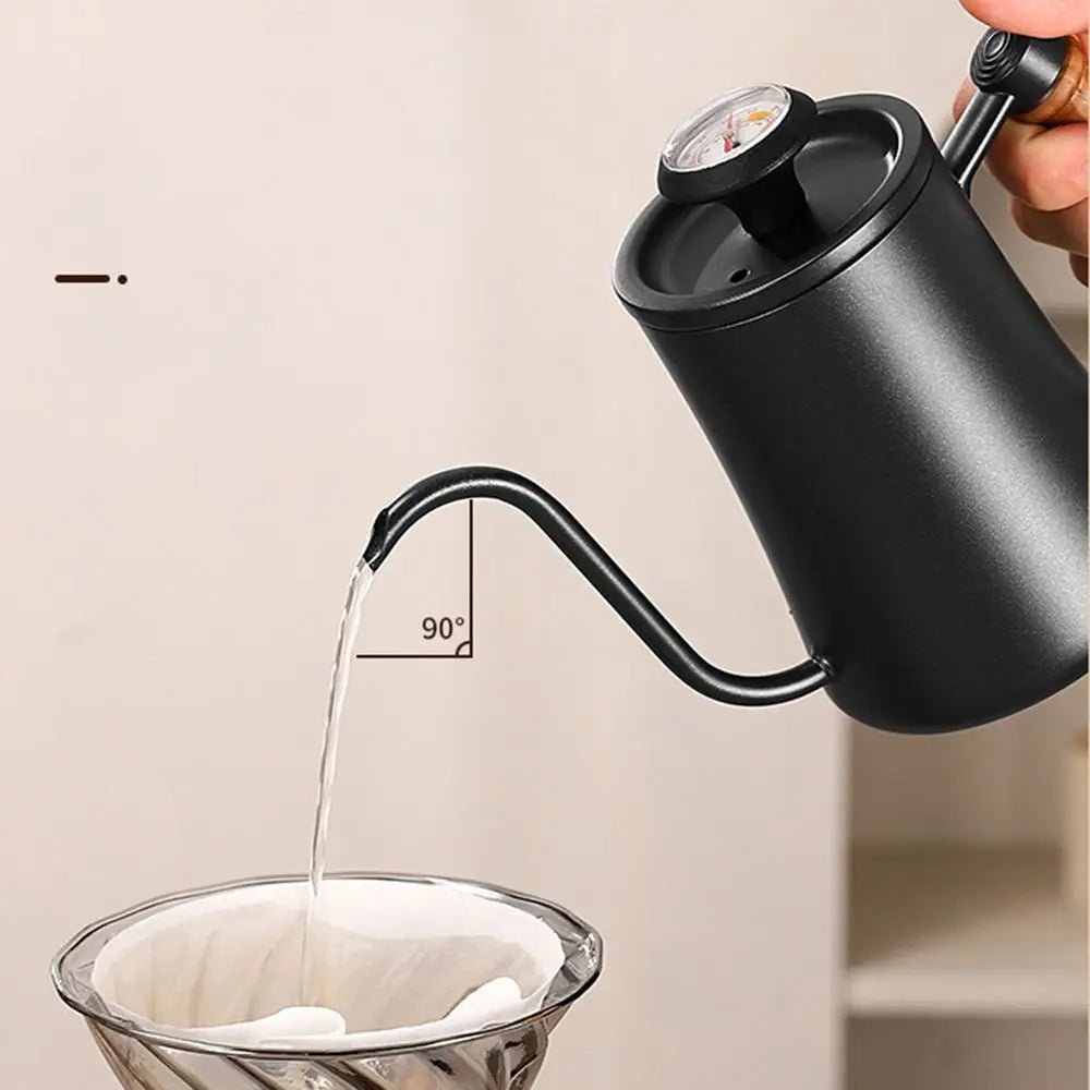 Stainless Steel Goose Neck Coffee Pot Drip Port Wooden Handle Long Narrow Drip Carafe Anti-scald Scale Hand Brewing Kettle
