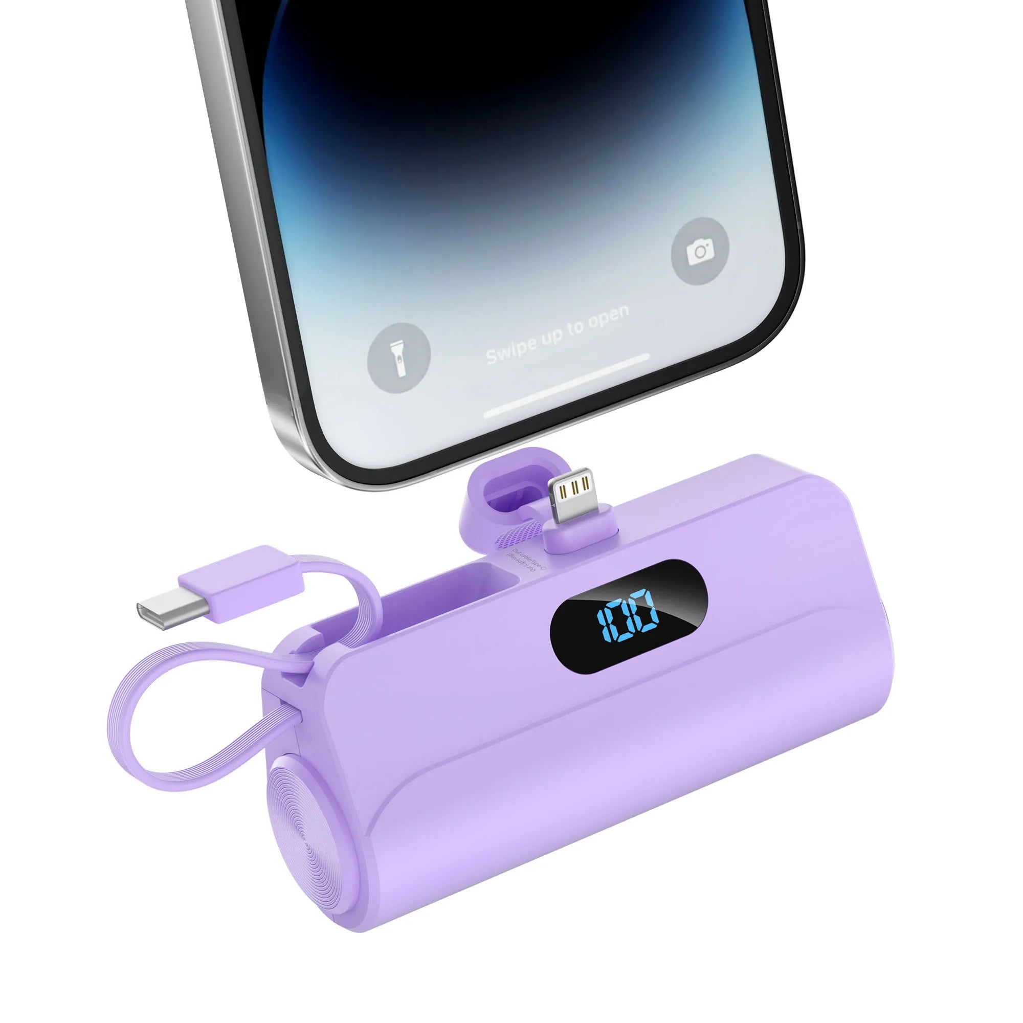 Mini Portable Charger with Built in Lightning port Type-C Cable, Foldable Stand,
