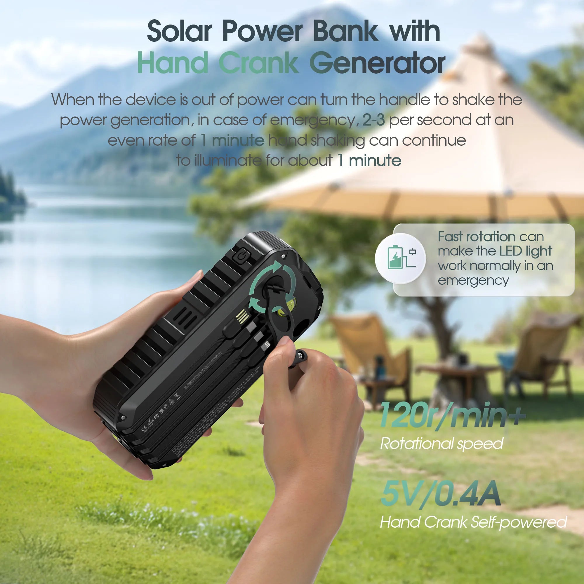 Solar Power Bank with Hand Crank Type-C Fast Charging, Bright LED Light