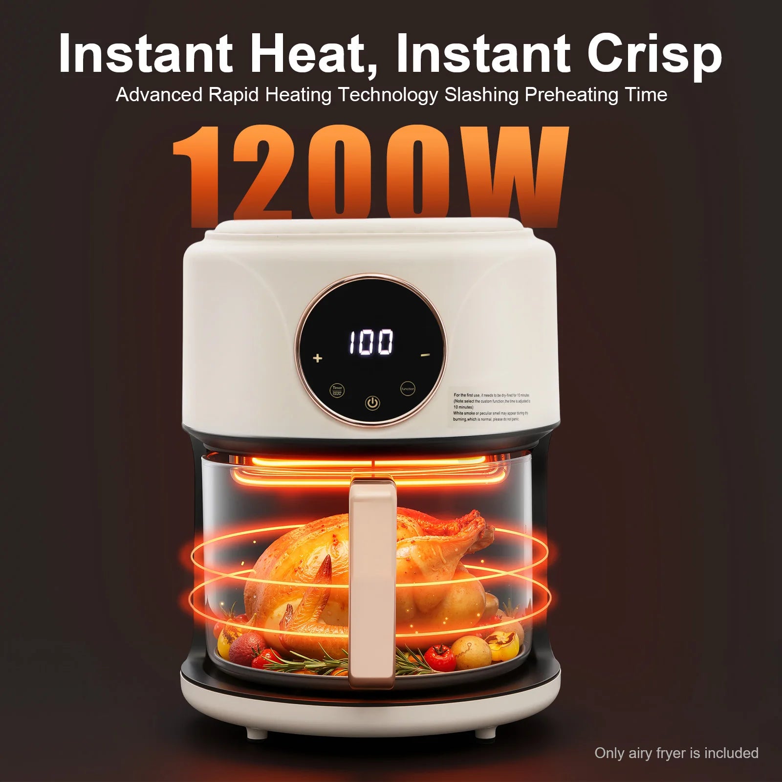 Visible Window Air Fryer 4.44Qt, 1200W Rapid Heating Glass Fryer with 8 Presets, Non-stick Borosilicate Glass Pot, 110V US Plug, for Fries, Wings (White)