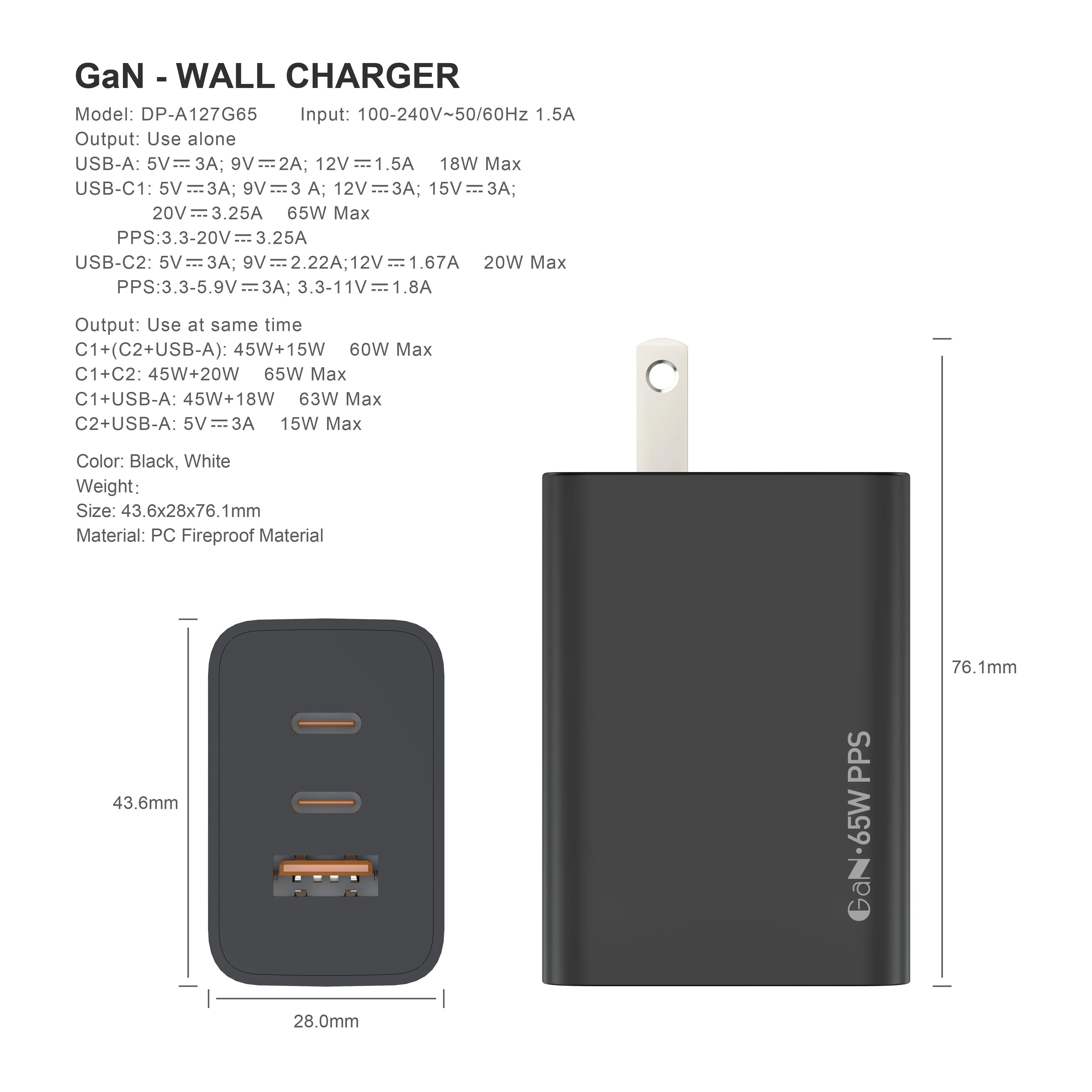 For Laptop Charger , 65W GaN 3 Port USB C Power Adapter With Type C Charging