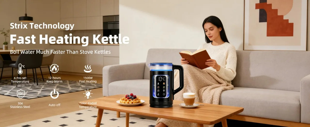 trix 1.5L Smart Electric Kettle, 6 Temperature Presets, FastBoil & 12H Keep Warm, ldeal for Tea ，Coffee， Milk and Honey,120V