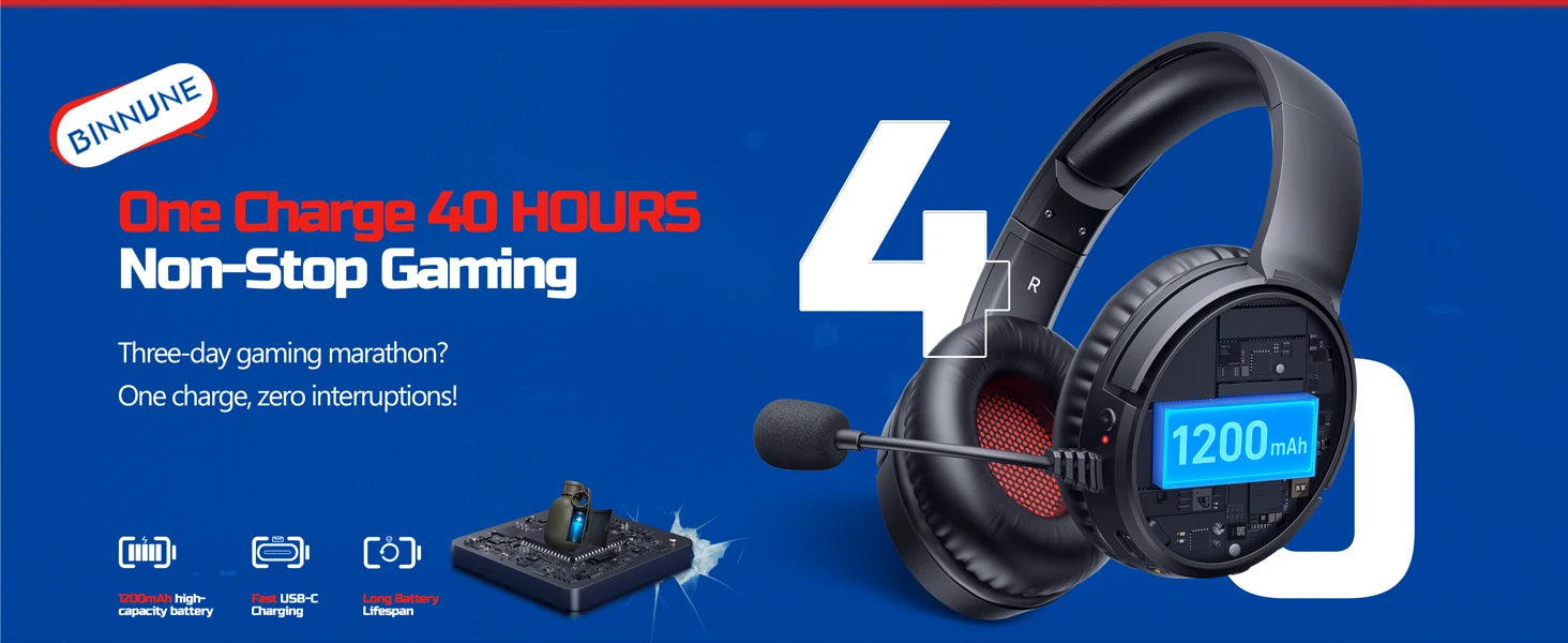 BINNUNE Wireless Gaming Headset with Mic Lightweight Over-Ear Gaming
