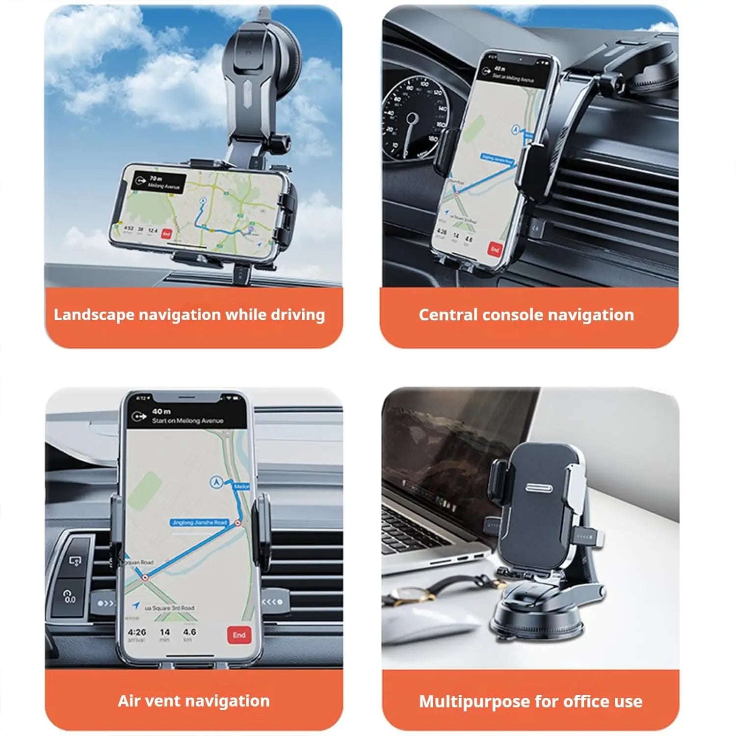 Adjustable Dashboard Car Cell Phone Holder with Telescopic Arm & Side Grips