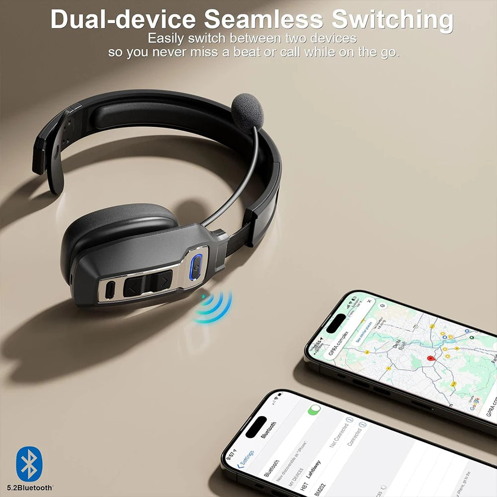 Trucker Bluetooth Headset with Dual Mic Noise Canceling, CVC8.0, Mute Button, 60Hrs Battery Wireless Headset, On Ear Headphone