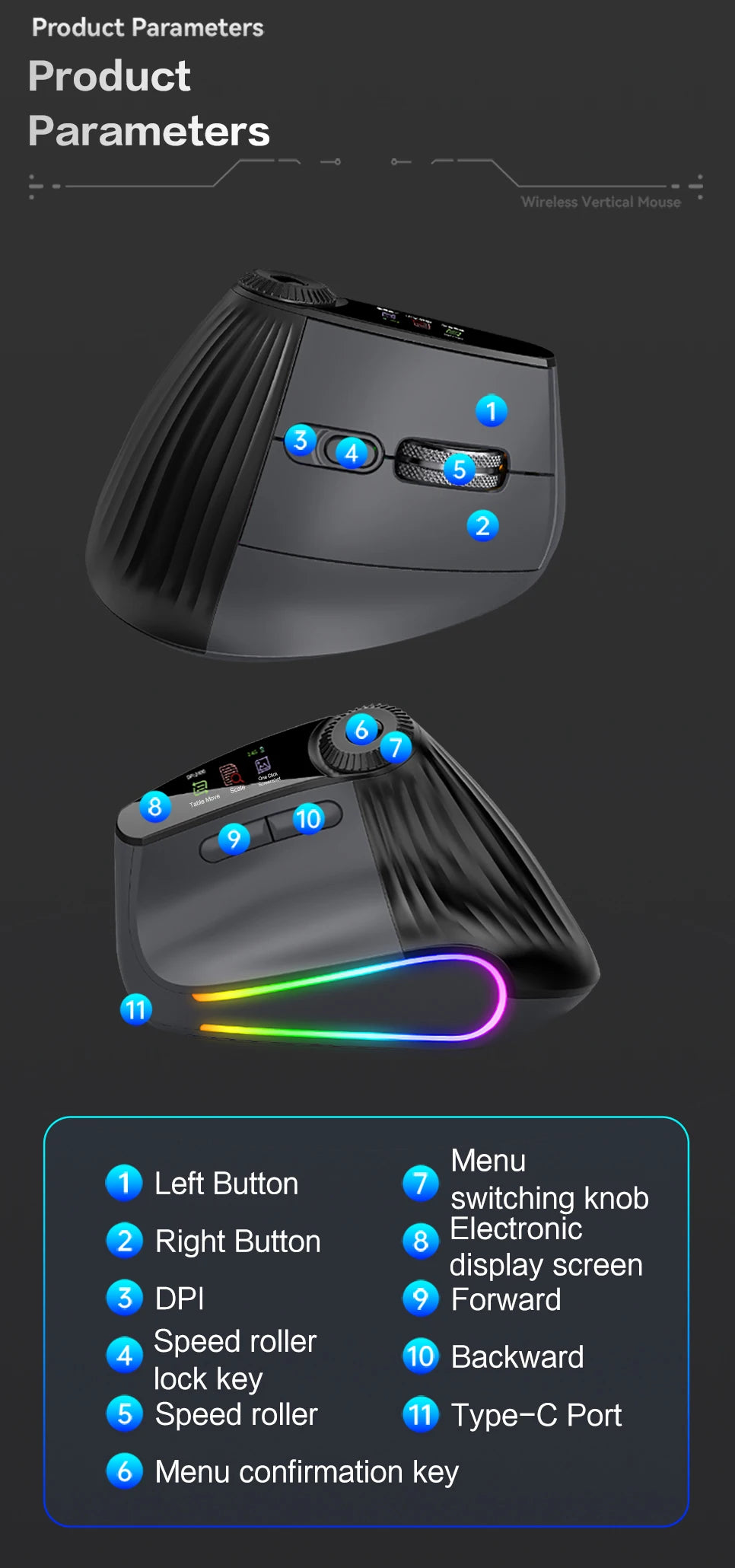 Jomaa RGB Backlit Speed Roller Wireless Vertical Mouse with Function Adjustment