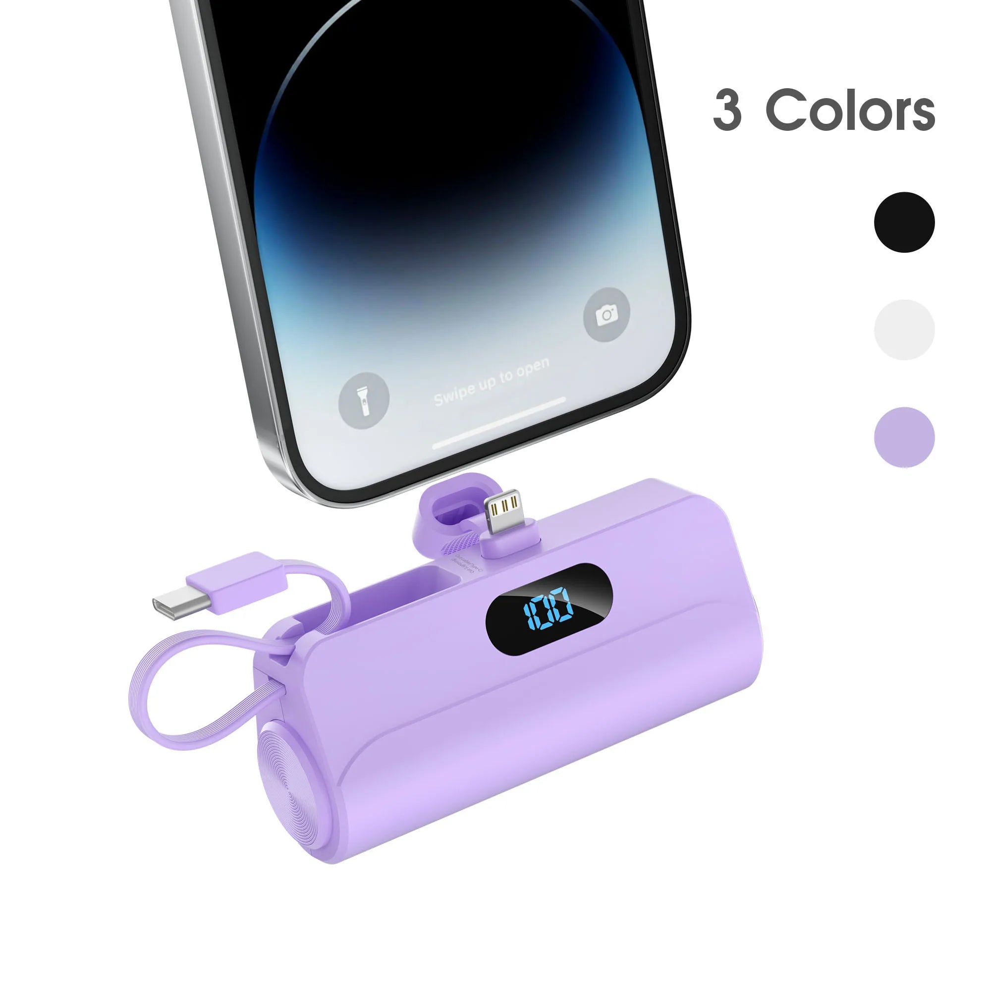 Mini Portable Charger with Built in Lightning port Type-C Cable, Foldable Stand,