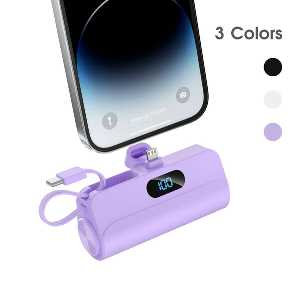 Mini Portable Charger with Built in Lightning port Type-C Cable, Foldable Stand,