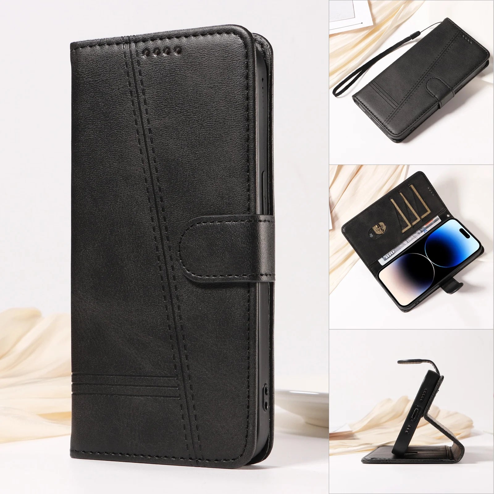 Line Leather Case For iPhone Pro Max Plus Mini Air Phone Case Flip Wallet Card