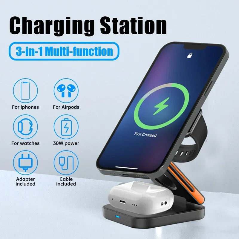 3 in 1 Foldable Charging Station Fast Magnetic Wireless Charger Stand