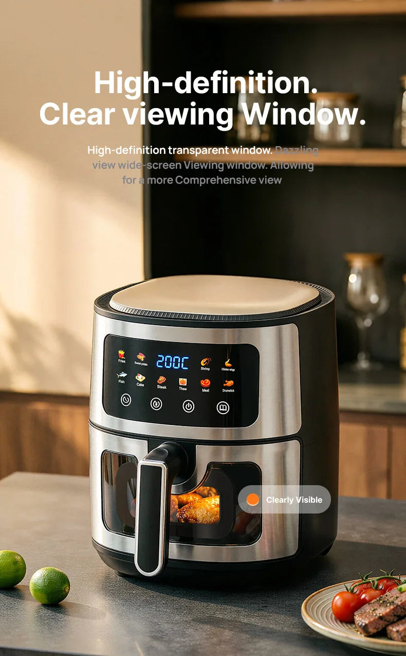 8L Stainless Steel Air Fryer with Clear Viewing Window 8 One-Touch Smart Presets Oil-Free Crispy Cooker Non-Stick Basket Whisper