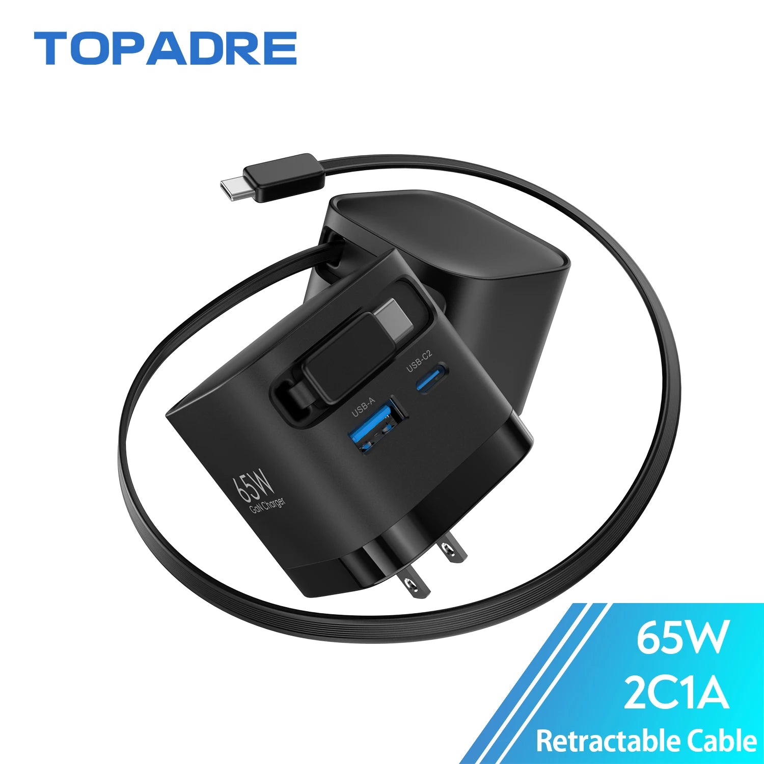 65W GaN Fast Charger with Retractable Cable, Foldable Plug, Quick Charging