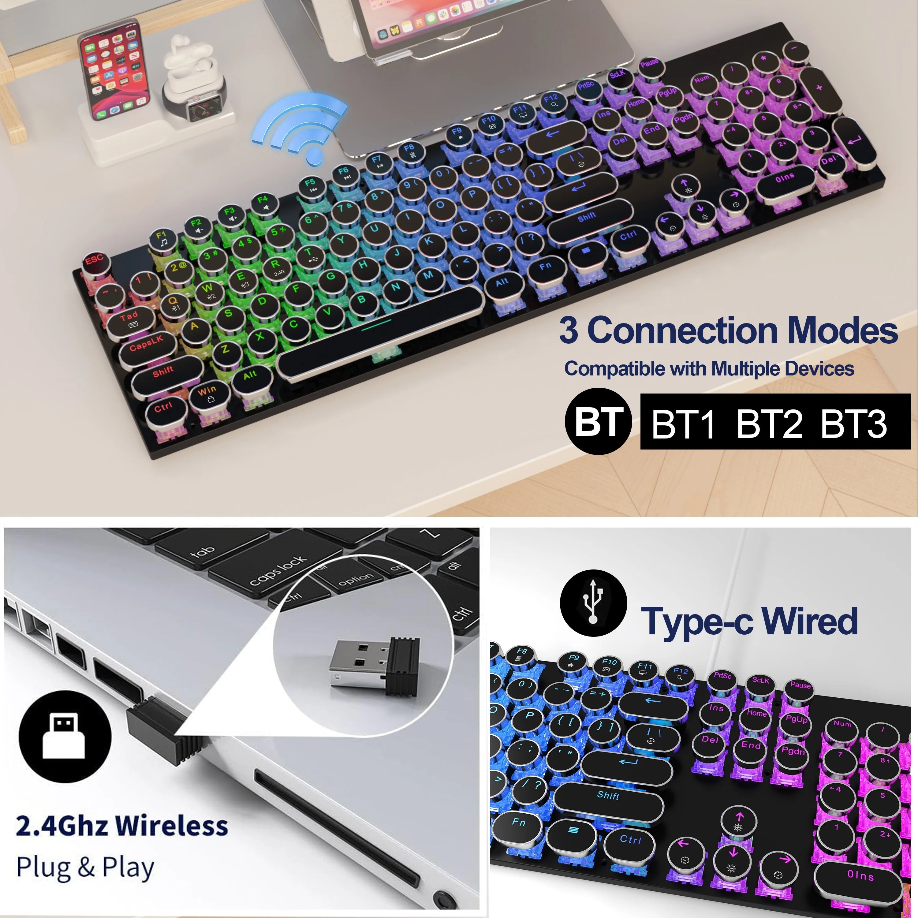 RGB Wireless Punk Typewriter Mechanical Keyboard Round Keycaps Key Game