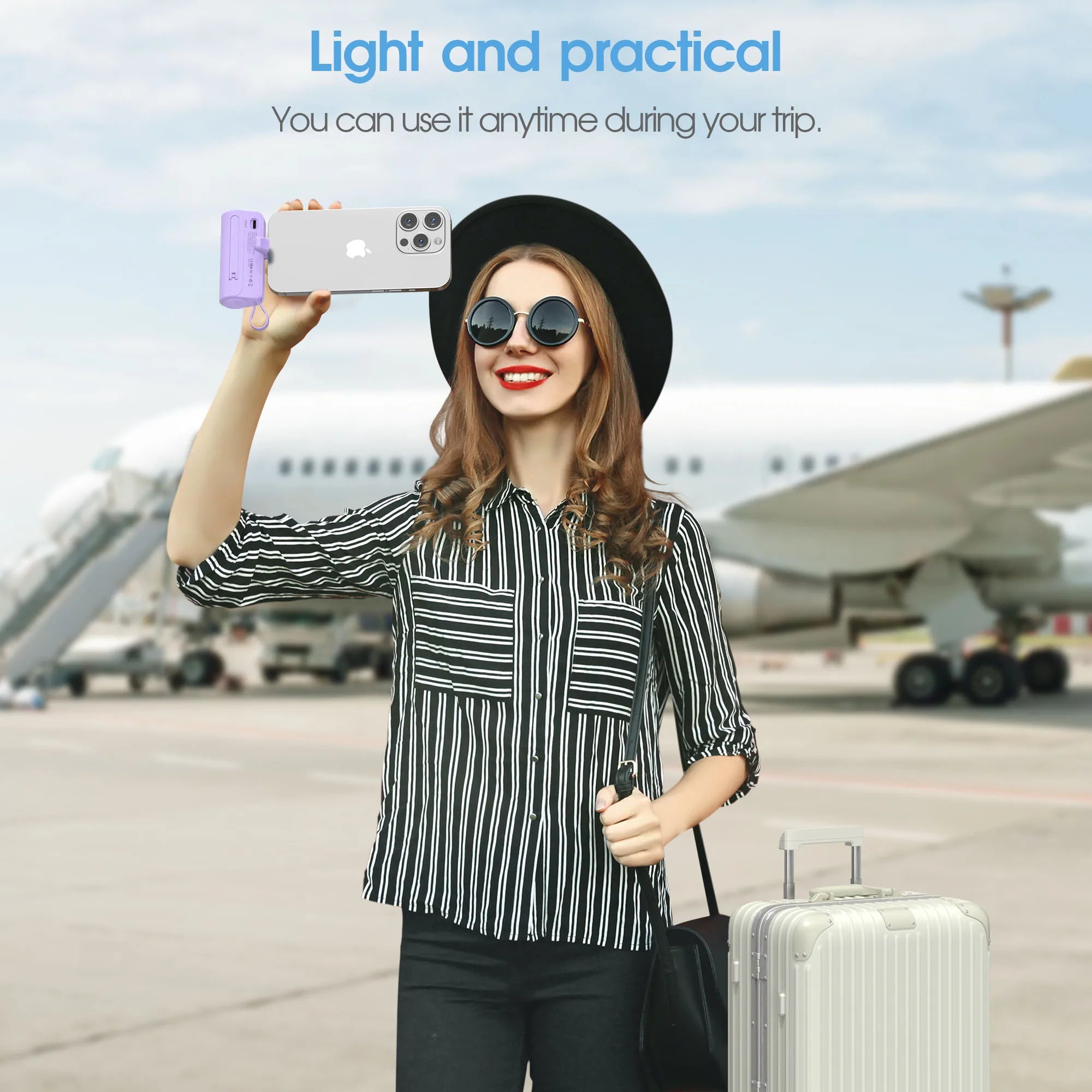 Mini Portable Charger with Built in Lightning port Type-C Cable, Foldable Stand,