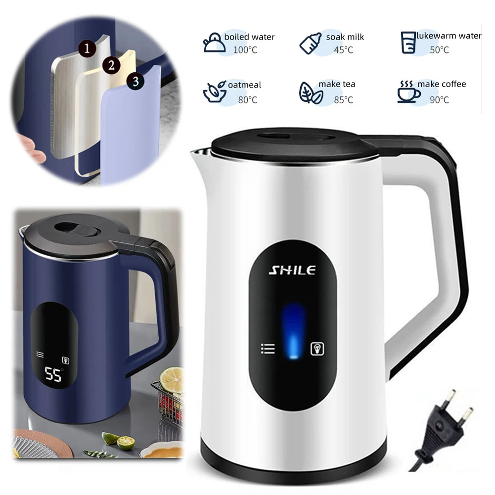 2.2L Stainless Steel Electric Digital Display Large Tea Kettle 1500W Fast Boil Thermal Water Kettle for Making Tea and Coffee