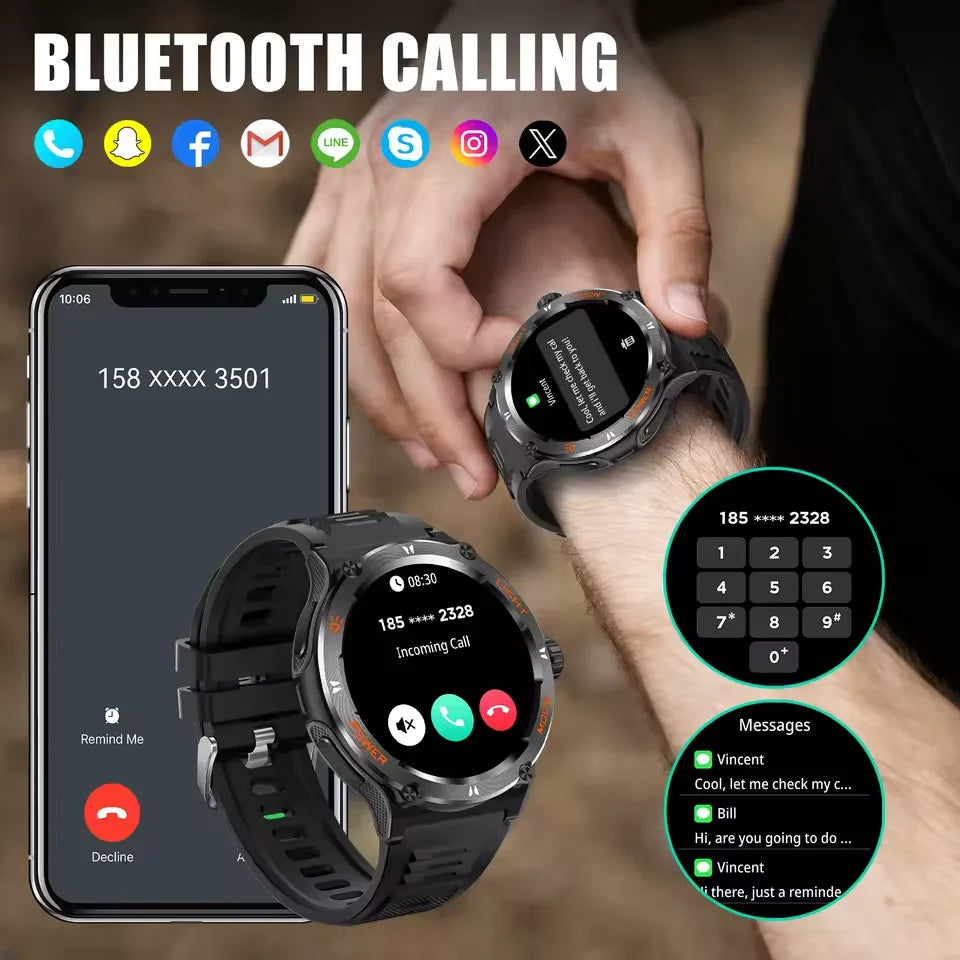 KT76 Sports Smartwatch Men With Flashlight 1.53-inch HD Screen BT Calls 3ATM Waterproof Compass Health Monitor