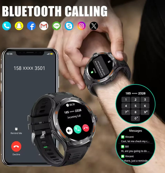 KT76 Sports Smartwatch Men With Flashlight 1.53-inch HD Screen BT Calls 3ATM Waterproof Compass Health Monitor