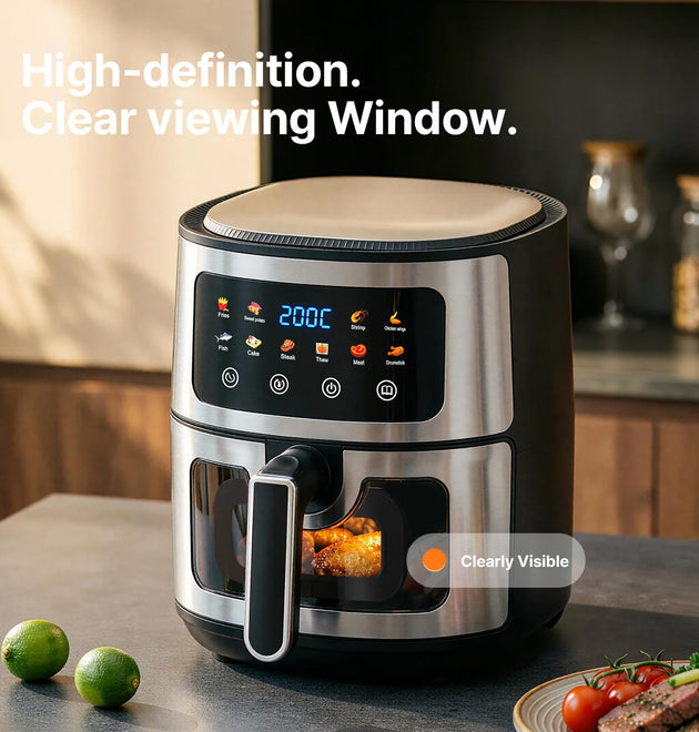 8L Stainless Steel Air Fryer with Clear Viewing Window 8 One-Touch Smart Presets Oil-Free Crispy Cooker Non-Stick Basket Whisper