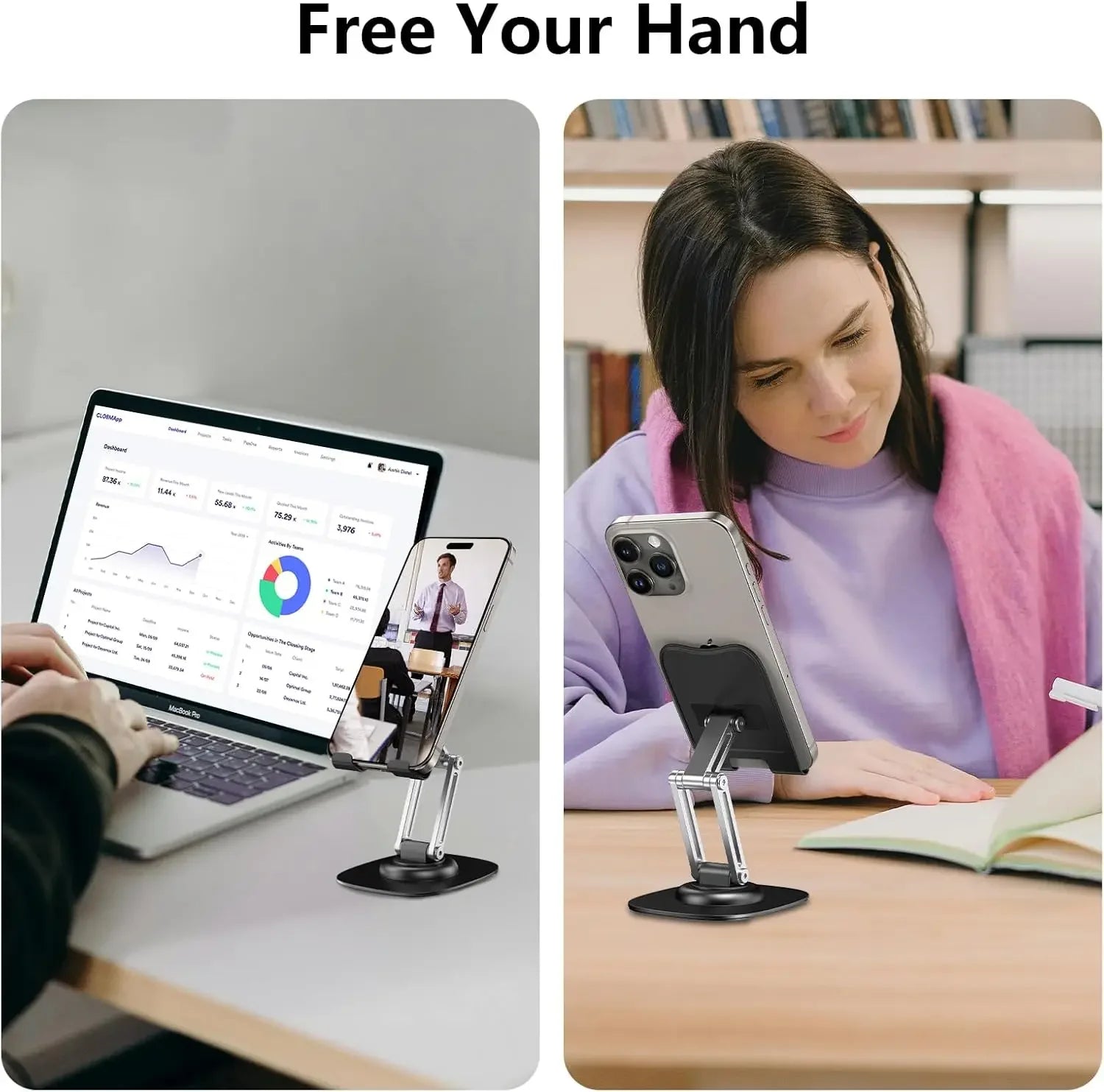 Aluminum Alloy Foldable Desktop Phone Stand with 360° Rotating Metal Base