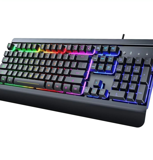 104 Keys All-Metal Panel Gaming Keyboard, Rainbow LED Backlit, Silent, Wrist Rest, Multimedia, Anti-Ghosting, Waterproof, Wired for PC Mac