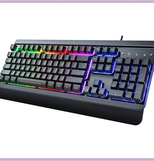 104 Keys All-Metal Panel Gaming Keyboard, Rainbow LED Backlit, Silent, Wrist Rest, Multimedia, Anti-Ghosting, Waterproof, Wired for PC Mac