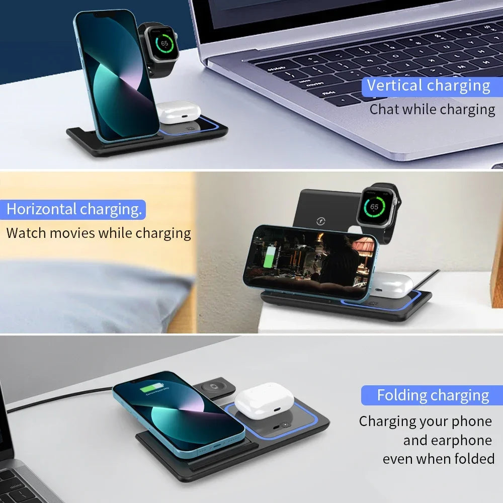 3 in 1 Folding Wireless Charger Stand For iPhone 17 16 15 14 13 12 Pro Max Fast Charging Station For Apple Watch 11-2 SE Airpods