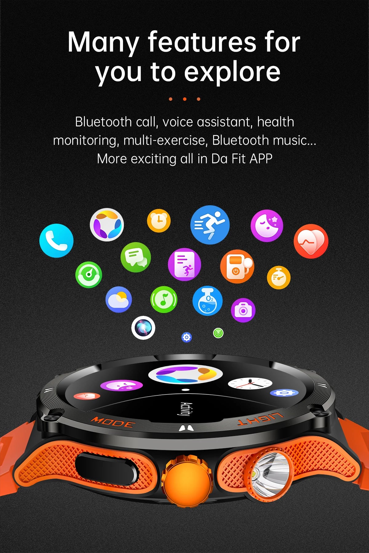 KT76 Sports Smartwatch Men With Flashlight 1.53-inch HD Screen BT Calls 3ATM Waterproof Compass Health Monitor