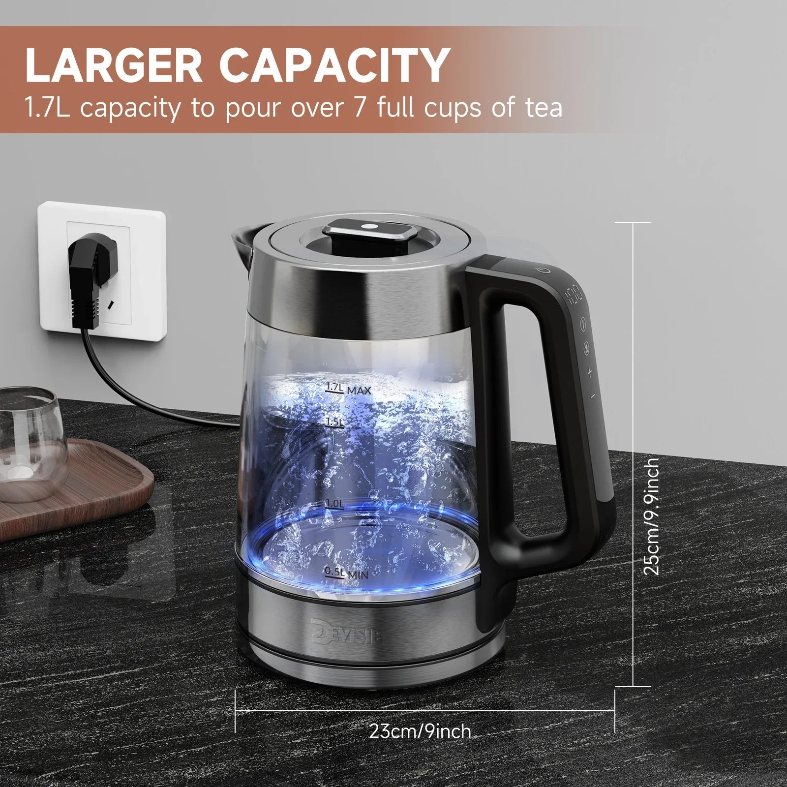 DEVISIB Dual Wall Electric Glass Kettle, Live Temperature Display, 2200W Fast Boiling, Temperature Control, 24-Hour Keep Warm