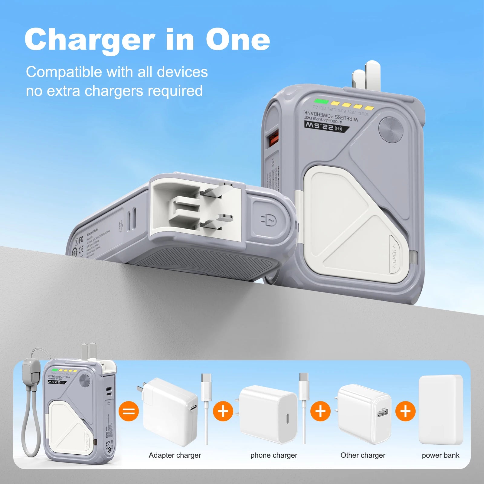 Magnetic Wireless Power Bank USB Type-C Detachable Data Cable Phone Holder