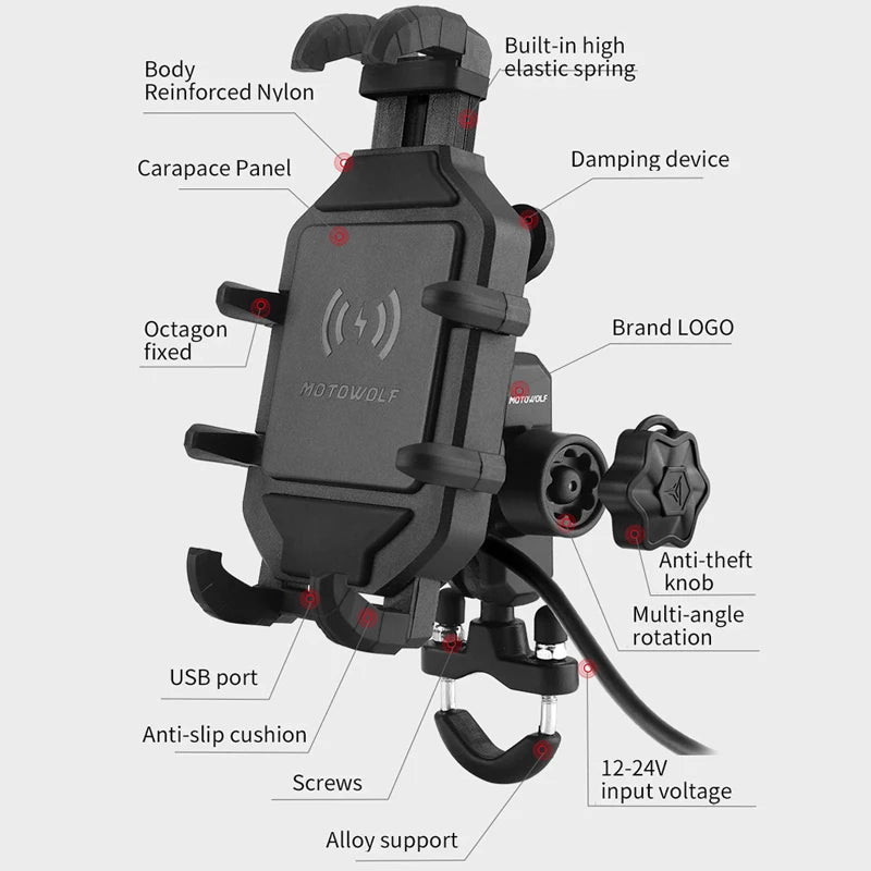 Motorcycle Wireless Charging Phone Holder Cradle 3.0 Quick Charger GPS Moto