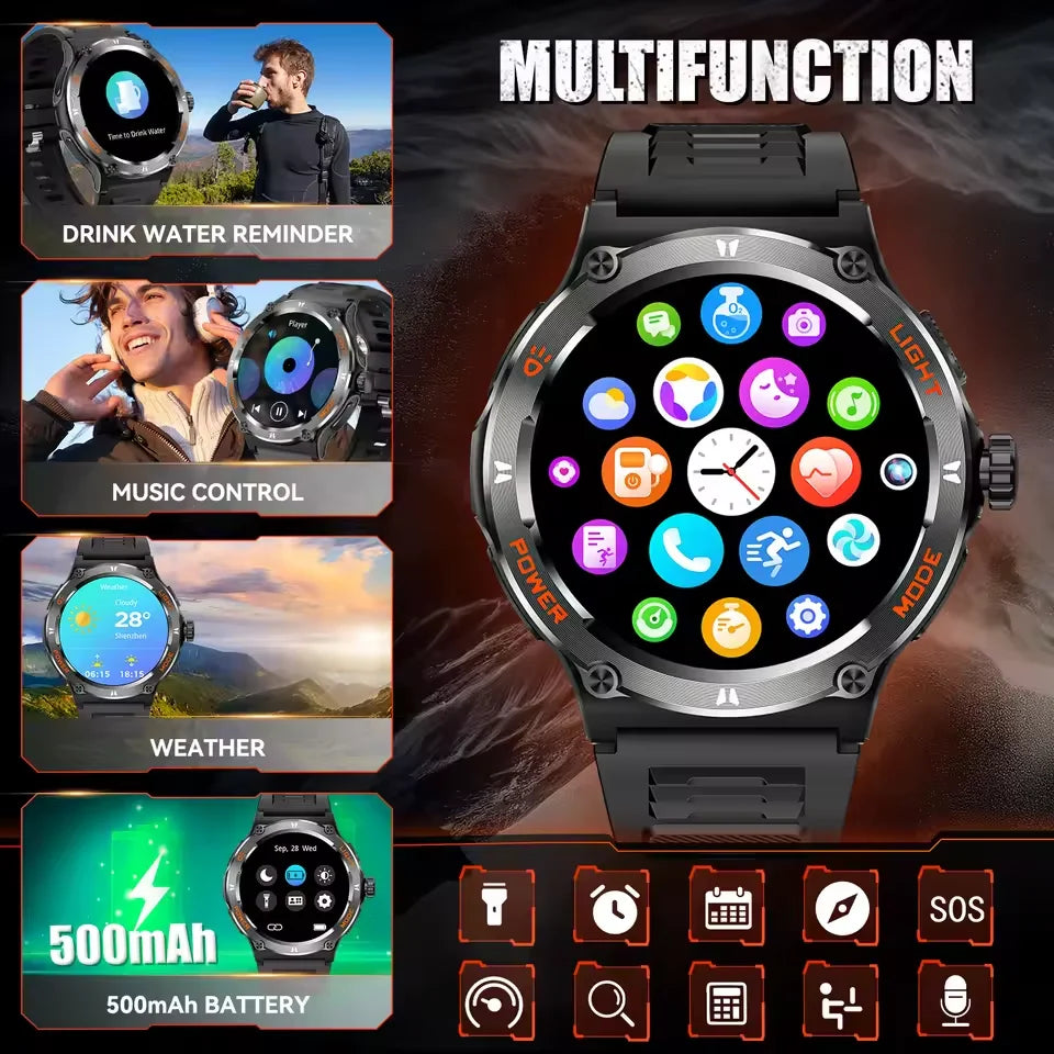 KT76 Sports Smartwatch Men With Flashlight 1.53-inch HD Screen BT Calls 3ATM Waterproof Compass Health Monitor