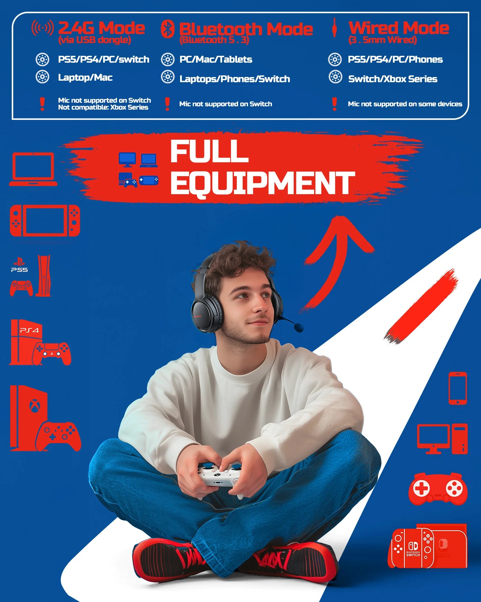 BINNUNE Wireless Gaming Headset with Mic Lightweight Over-Ear Gaming