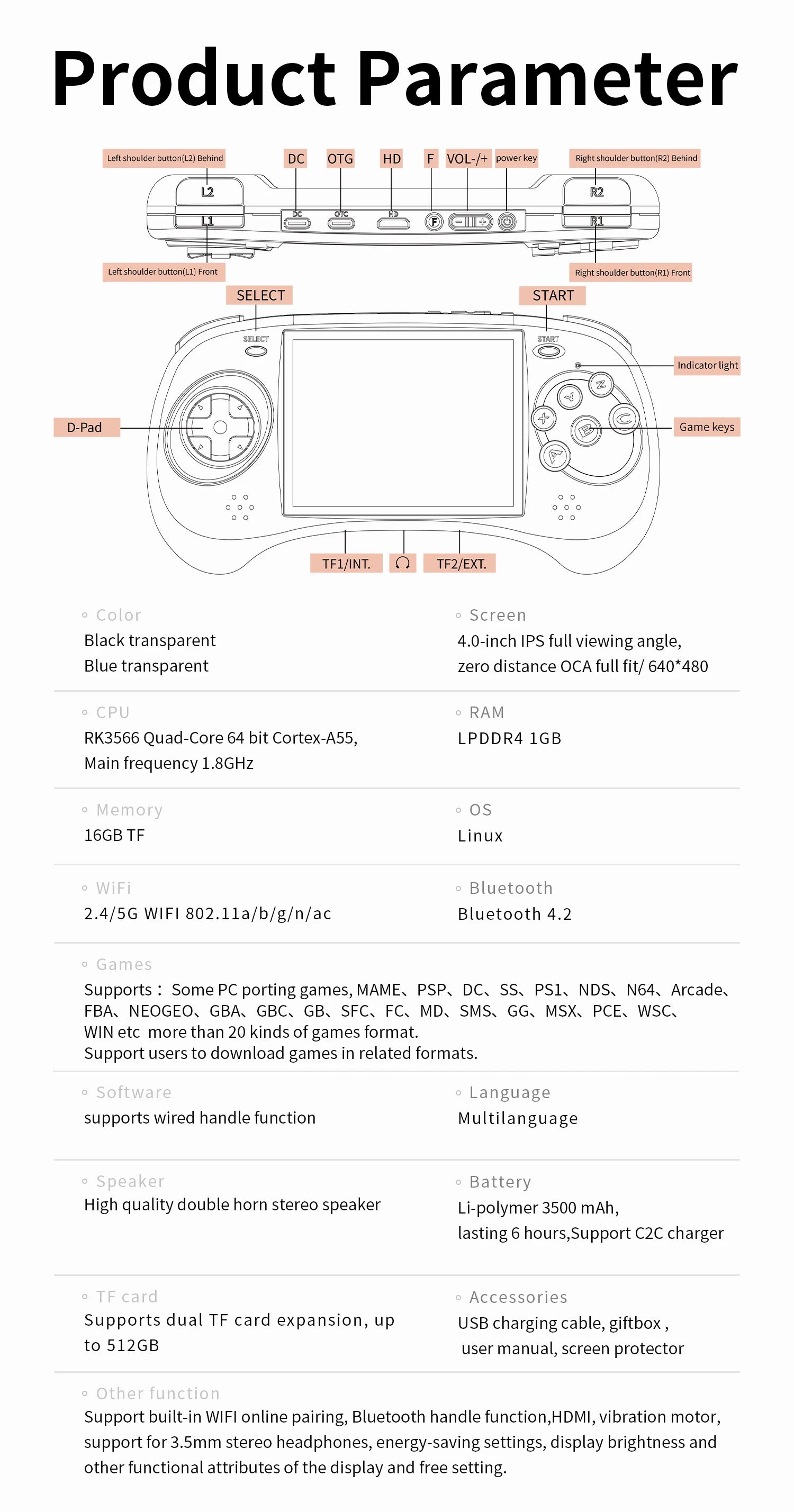 ANBERNIC RG ARC-D RG ARC-S Retro Games RK3566 4.0INCH 640*480 Handheld Game Console Emulator LINUX Android System 3500mAh HD-Out