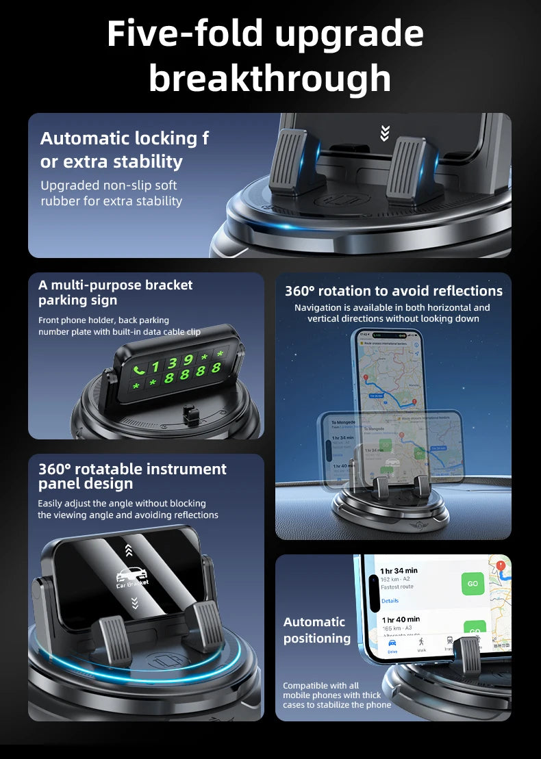 Lcars Car Dashboard Phone Holder, 360-Degree Rotatable, Multifunctional Phone Holder with Parking Number Plate, Special Support Stand for Car Navigation, Adhesive Base