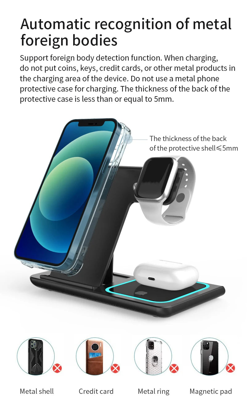3 in 1 Wireless Charging Station Travel Charging Pad for iPhone 12~17 Series,iWatch and Airpods  15W  Fast Charger Foldable