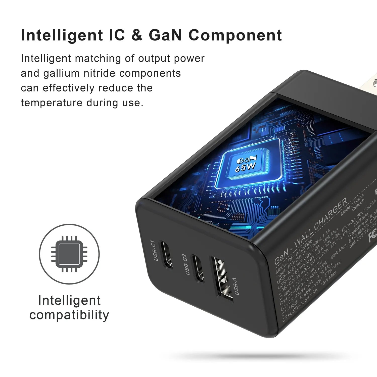 For Laptop Charger , 65W GaN 3 Port USB C Power Adapter With Type C Charging