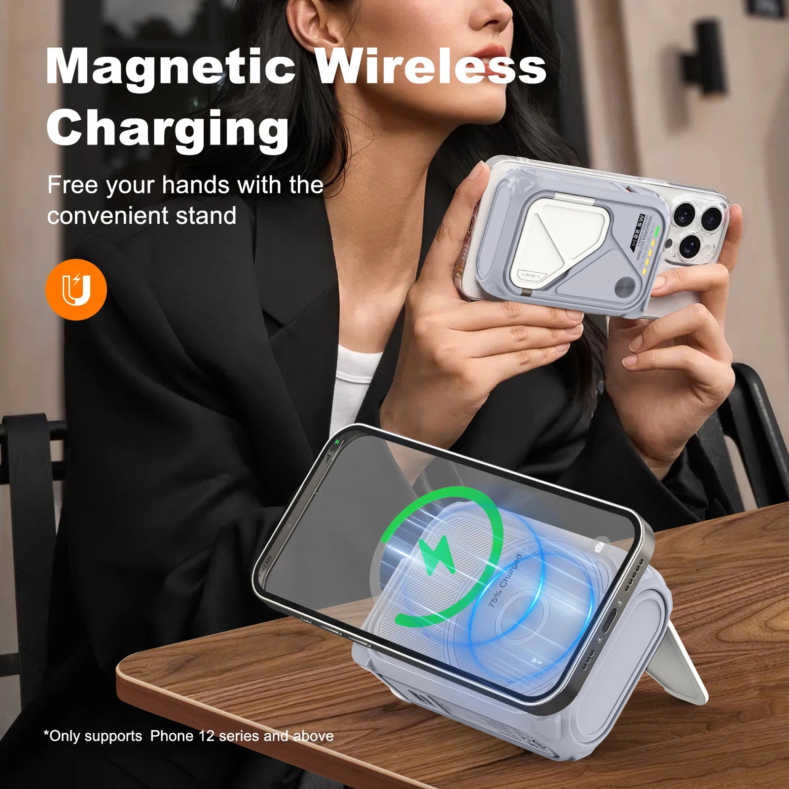 Magnetic Wireless Power Bank USB Type-C Detachable Data Cable Phone Holder