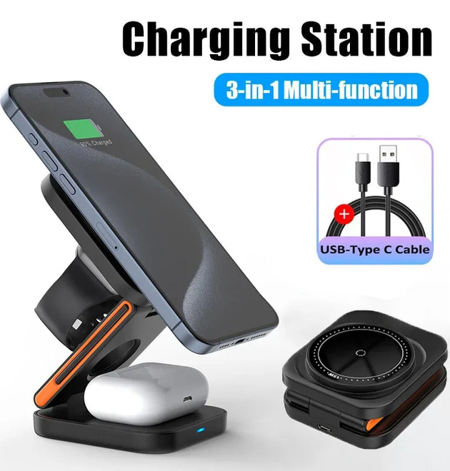 3 in 1 Foldable Charging Station Fast Magnetic Wireless Charger Stand for iPhone 17 16 15 14 13 12 Apple Watch 8 7 6 Airpods Pro