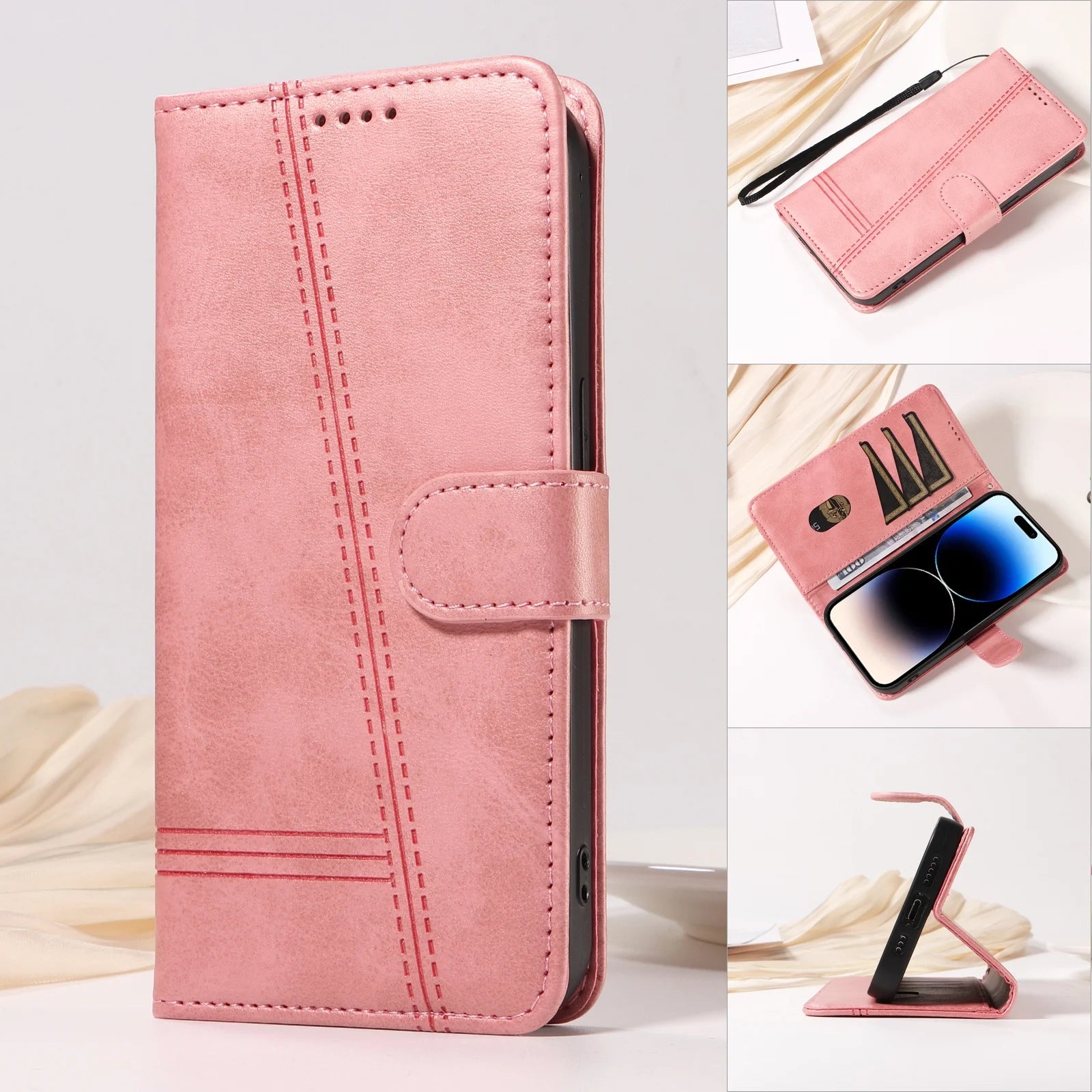 Line Leather Case For iPhone Pro Max Plus Mini Air Phone Case Flip Wallet Card