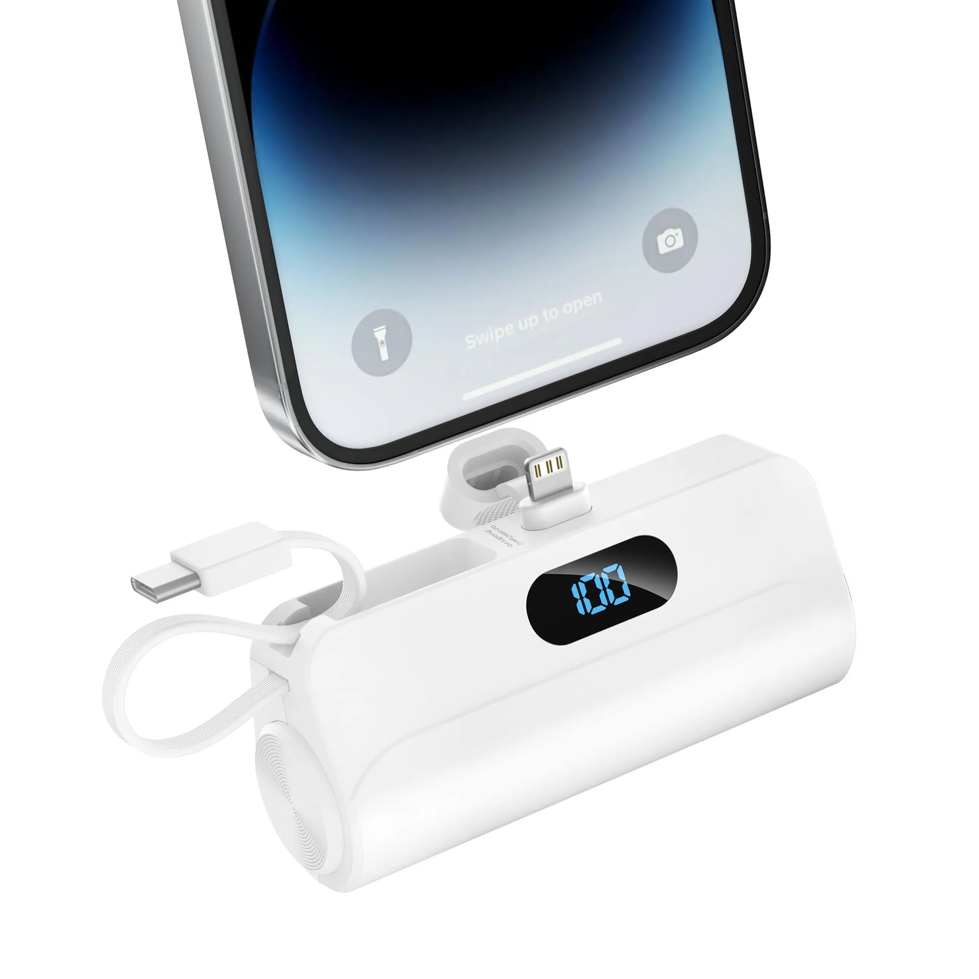 Mini Portable Charger with Built in Lightning port Type-C Cable, Foldable Stand,